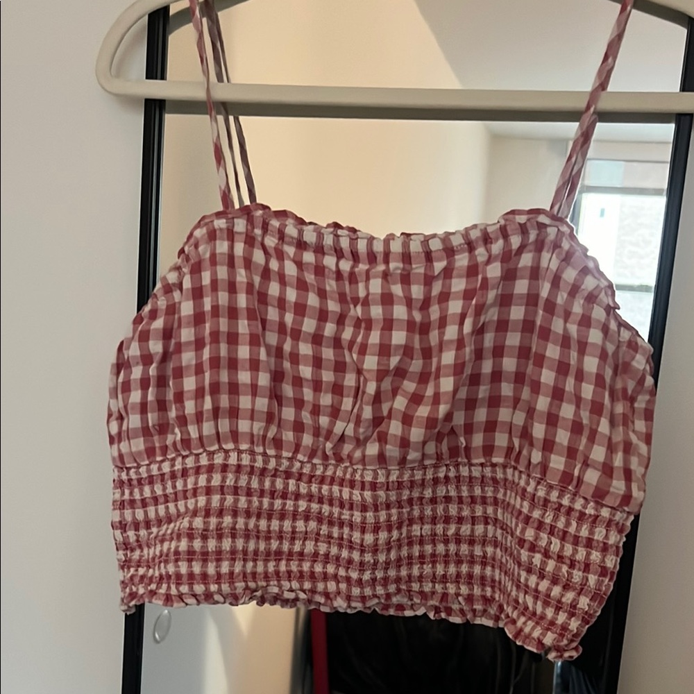 American Eagle Outfitters Red and White Smocked Crop Top